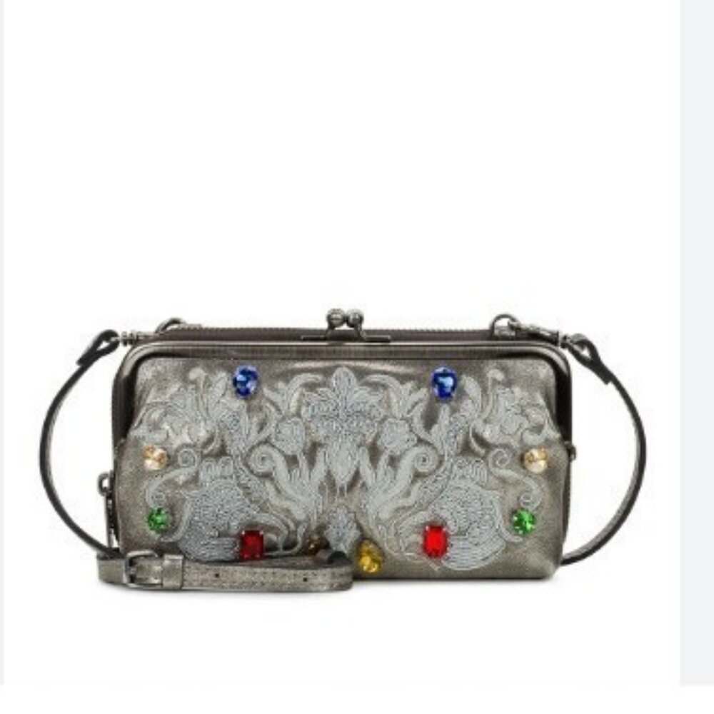Patricia Nash Missoula gems leather frame phone crossbody bag wallet -Platinum